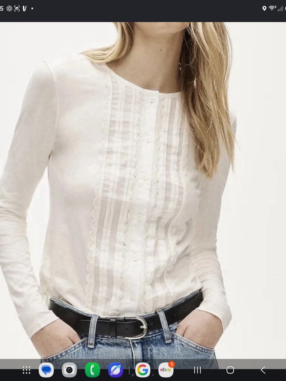 J. Crew Cream Lace Pintuck Long-Sleeve Button Front Top